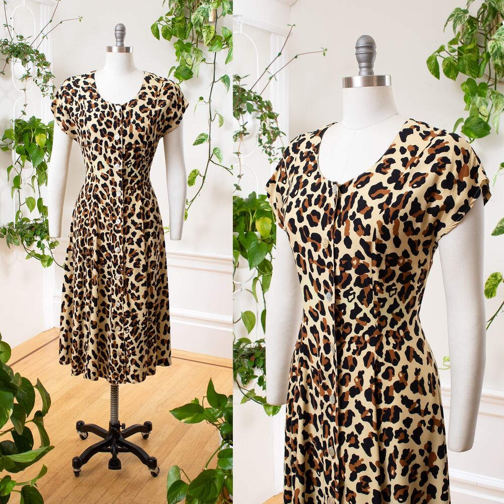 Vintage 1990s Shirt Dress 90s Leopard Animal Print Rayon Brown Button Down Dress